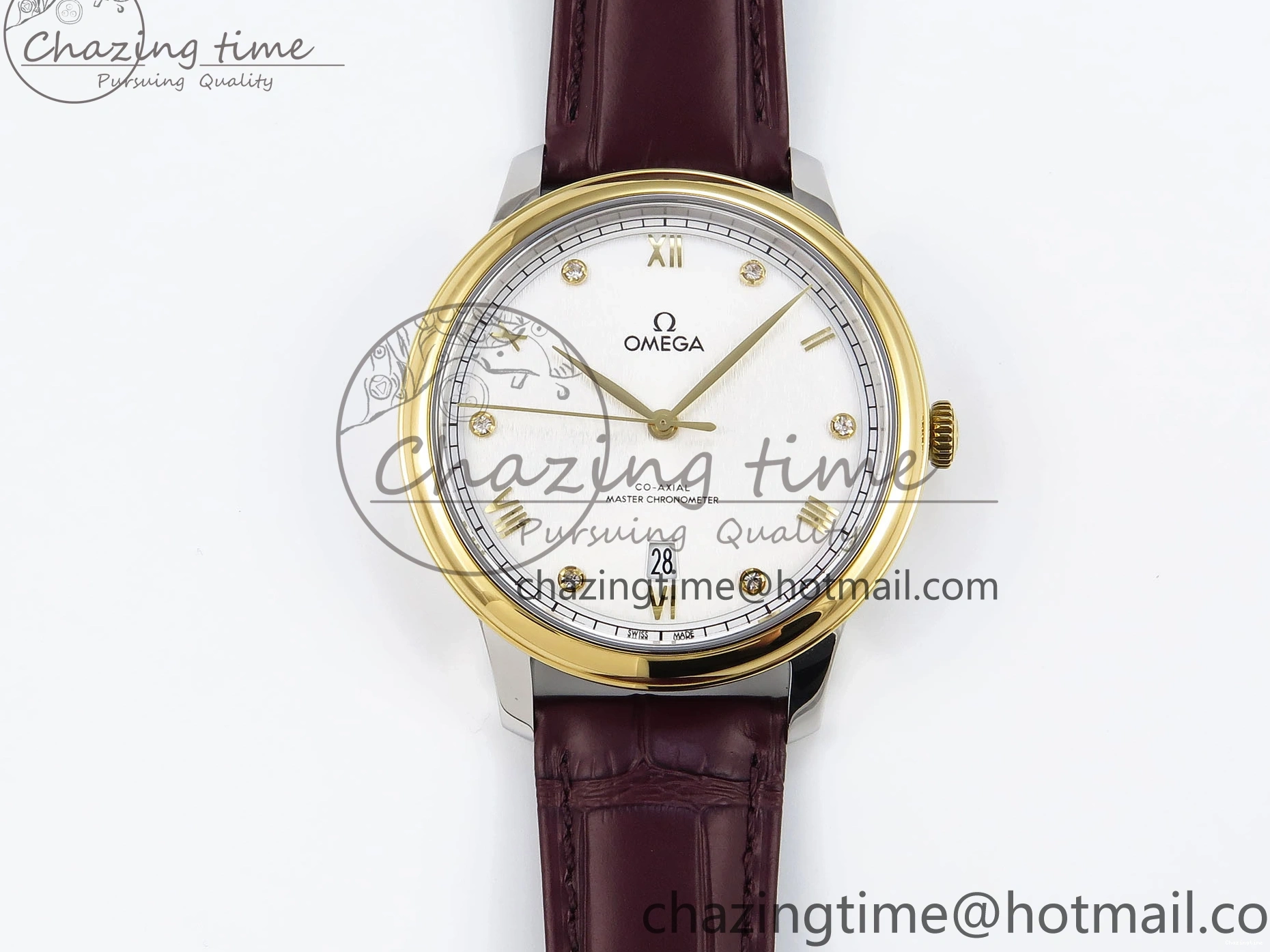 0421 De Ville Date YG MKF 1:1 Best Edition White Textured Dial Diamonds Marker on Brown Leather Strap A WaterResistant 7754